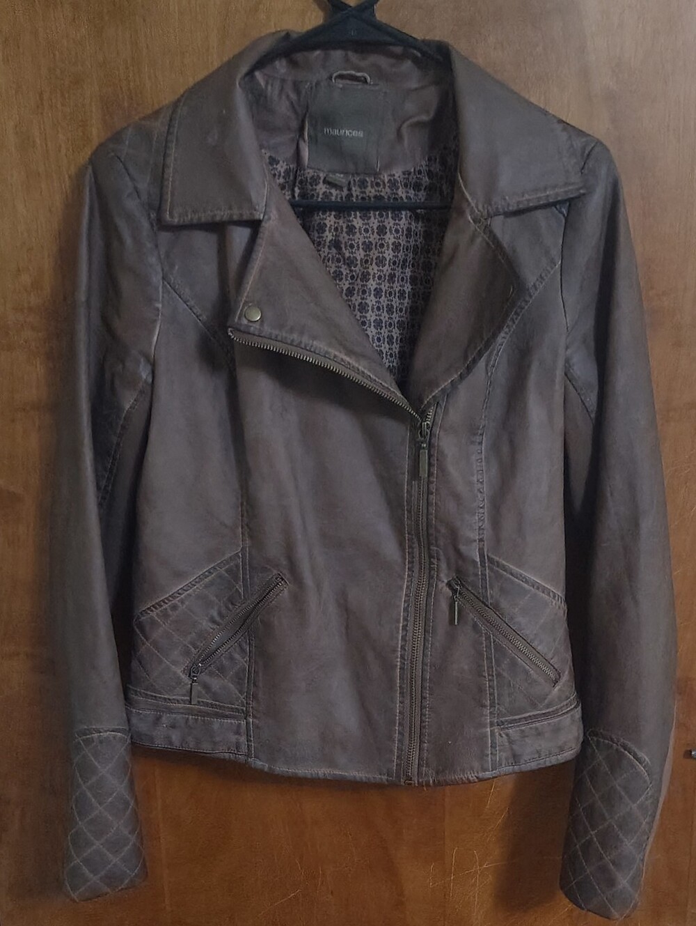 Maurices Women's Brown Faux Leather Moto Jacket with Quilted Sleeves